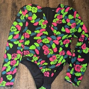Zara Floral Neon Long Sleeve Bodysuit Wrap style Back Zipper
